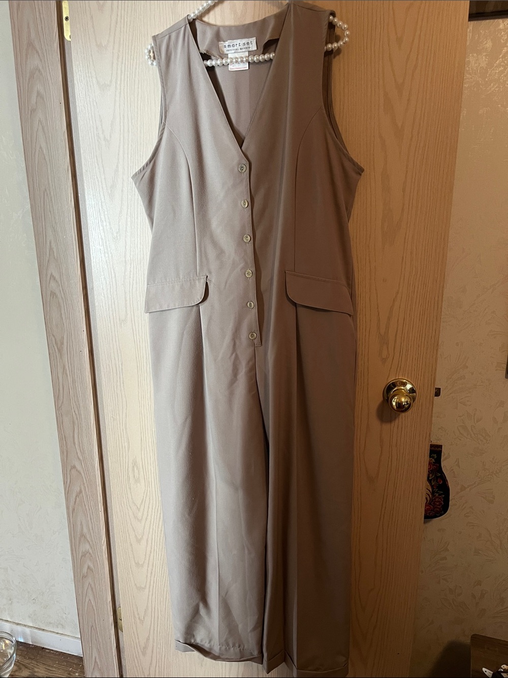 Smart Set Sleeveless Button-Front Jumpsuit in Taupe